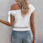 Damen Off-Shoulder Bluse mit voluminösen Ärmeln und Rüschen R&B