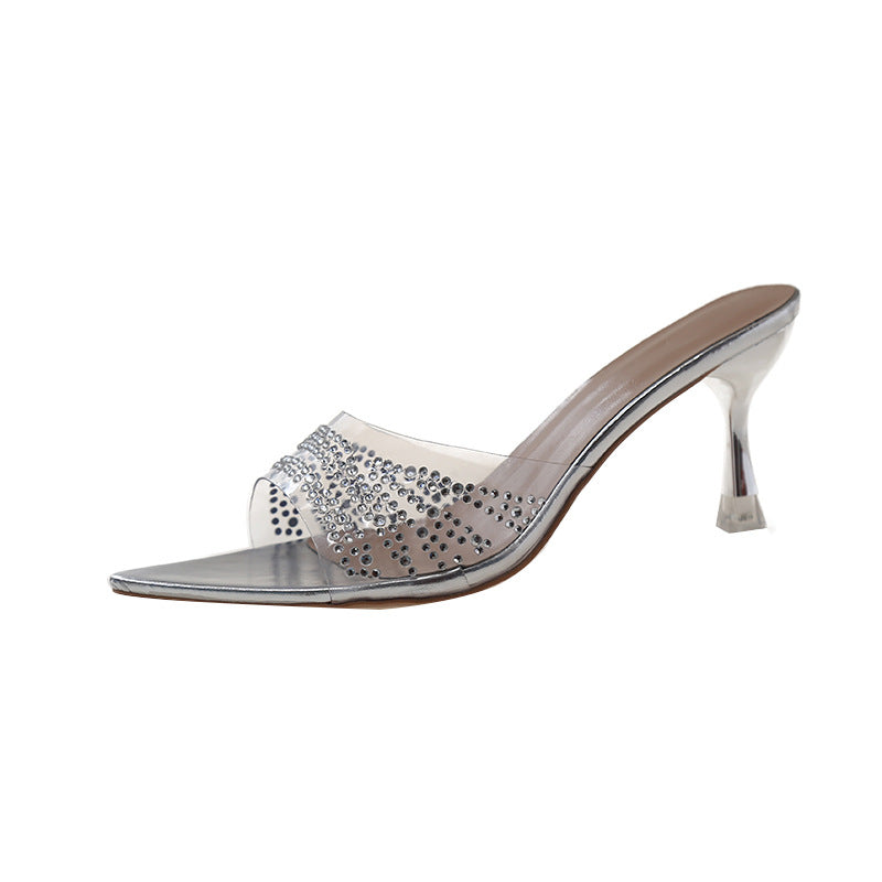 Damen Glamouröse High Heel Mules mit transparentem Riemen und funkelnden Akzenten R&B
