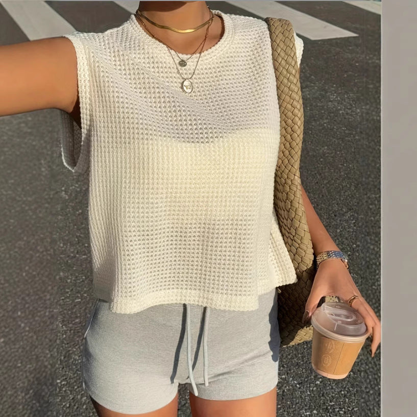 Damen lockeres Waffelstrick-Top mit lässigem Schnitt R&B