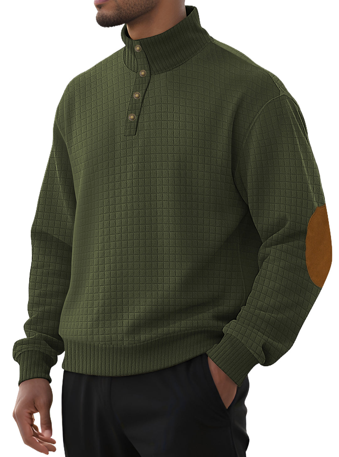 Herren nan kariertes Stepp-Sweatshirt mit Henley-Blende hohem Stehkragen und Velours-Ellenbogenpatch R&B