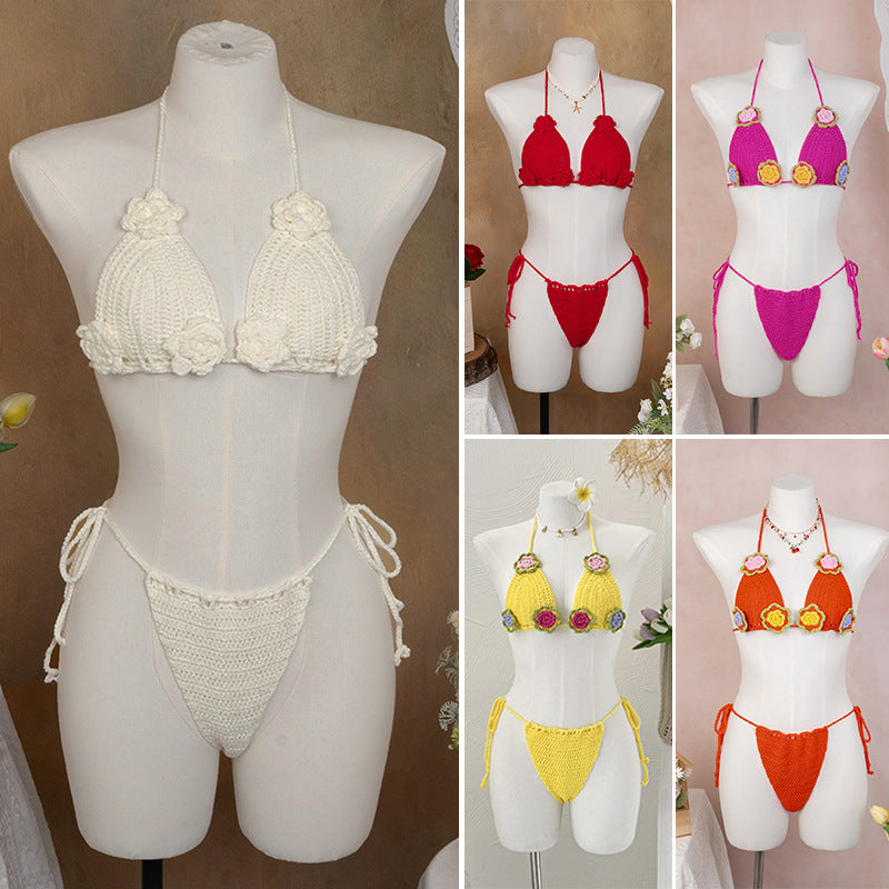 Damen Häkel-Bikini mit verspieltem Blumendesign und verstellbaren Bändern R&B