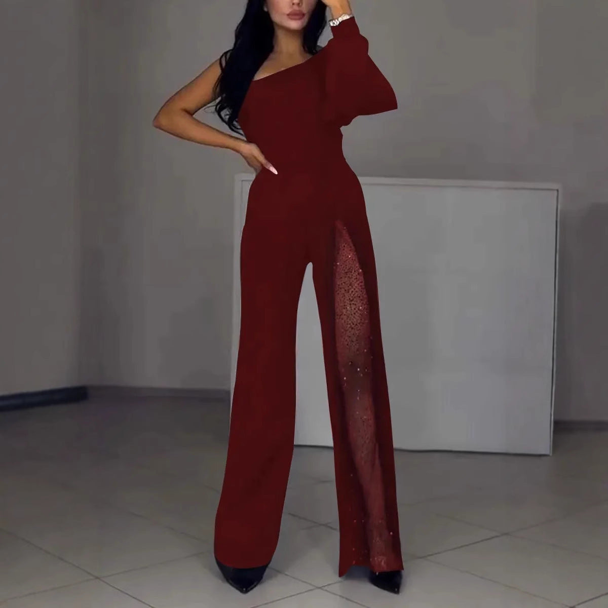 Asymmetrischer einseitiger Damen-Jumpsuit mit Paillettenpanel R&B