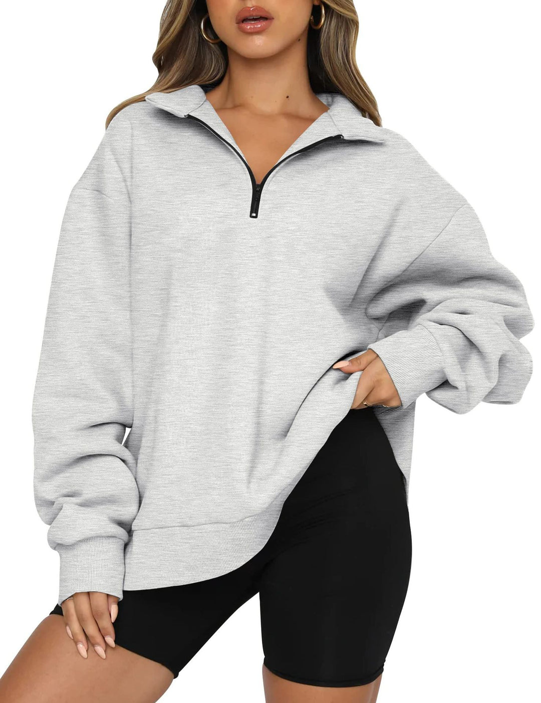 Damen Sportlicher Oversized Pullover mit Reißverschluss und seitlichem Schlitz R&B