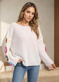 Damen gestreifter Strickpullover mit bunten Blumenapplikationen R&B