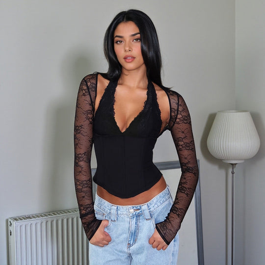 Damen eleganter Body mit Spitzendetails und tiefem V-Ausschnitt R&B