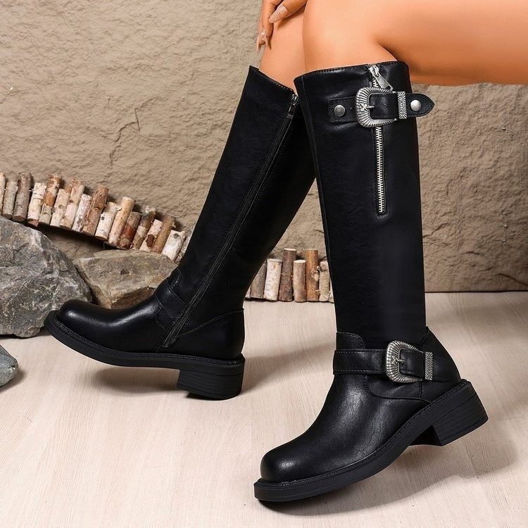 Damen Lange Stiefel mit modischem Gürtel und robustem Profil R&B