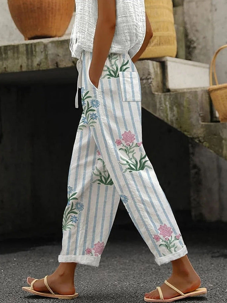 Damen Weite Leinenhose mit handgewebtem Muster R&B