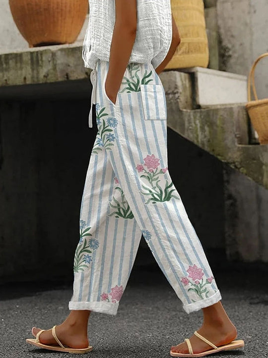 Damen Weite Leinenhose mit handgewebtem Muster R&B