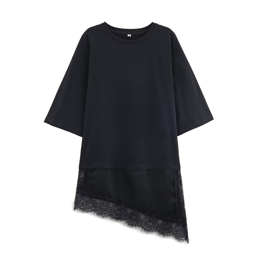 Damen asymmetrisches T-Shirt mit Spitzenbesatz R&B
