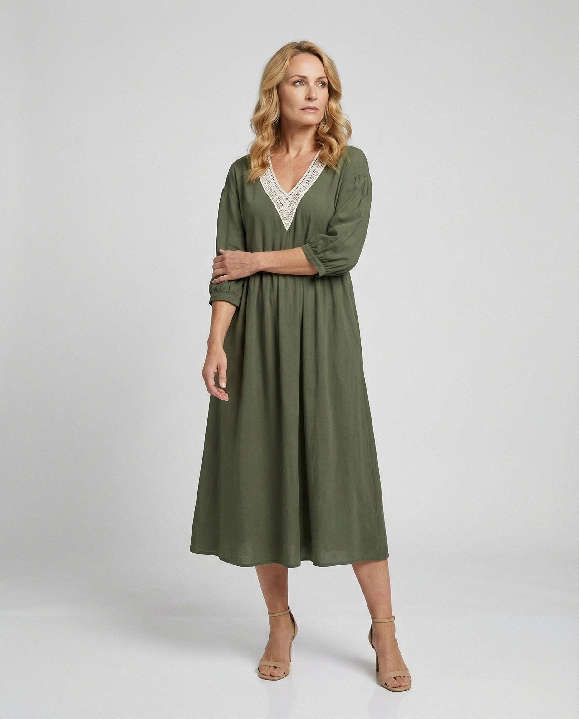 Damen Midikleid Boho Baumwolle Leinen