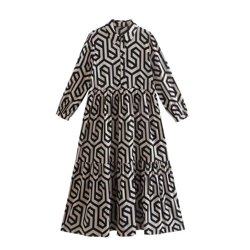Damen Langarm Maxikleid mit geometrischem Design und Rüschendetails Heidi-Mode