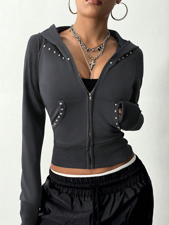 Damen modische Zip-Hoodie mit Silberschmuck-Details R&B