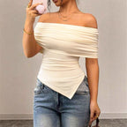 Damen Off-Shoulder Blusenshirt mit asymmetrischem Saum und Raffung EB