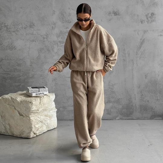 Damen gemütliches Fleece-Jogginganzug-Set mit Kapuze und elastischem Bund R&B