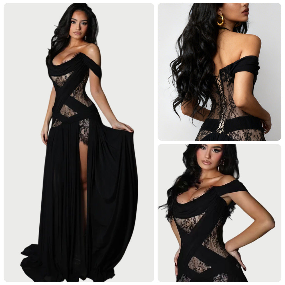 Damen Abendkleid mit transparenten Spitzeinsätzen und verführerischem Schnitt R&B