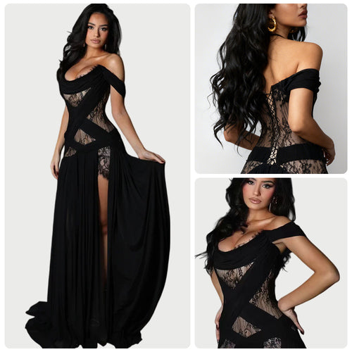 Damen Abendkleid mit transparenten Spitzeinsätzen und verführerischem Schnitt R&B
