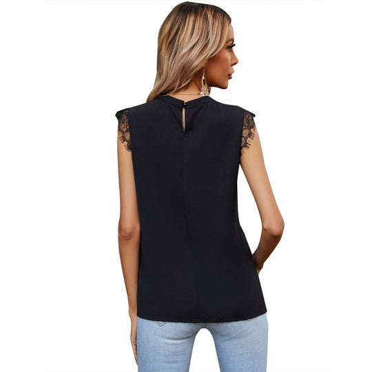 Damen ärmelloses Blusenshirt mit Spitzenverzierungen und dekorativem Kragen R&B
