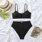 Damen Hochtaillierter Ripp-Bikini mit eleganter Schlüssel-Ausschnitt-Details R&B
