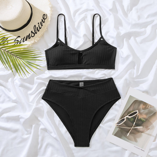 Damen Hochtaillierter Ripp-Bikini mit eleganter Schlüssel-Ausschnitt-Details R&B