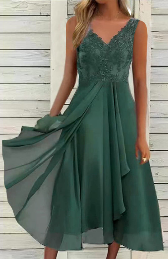 Damen nan elegantes Abend-Midikleid mit bestickter Spitzen-Büste, taillierter Drapierung und fließendem Lagenrock R&B