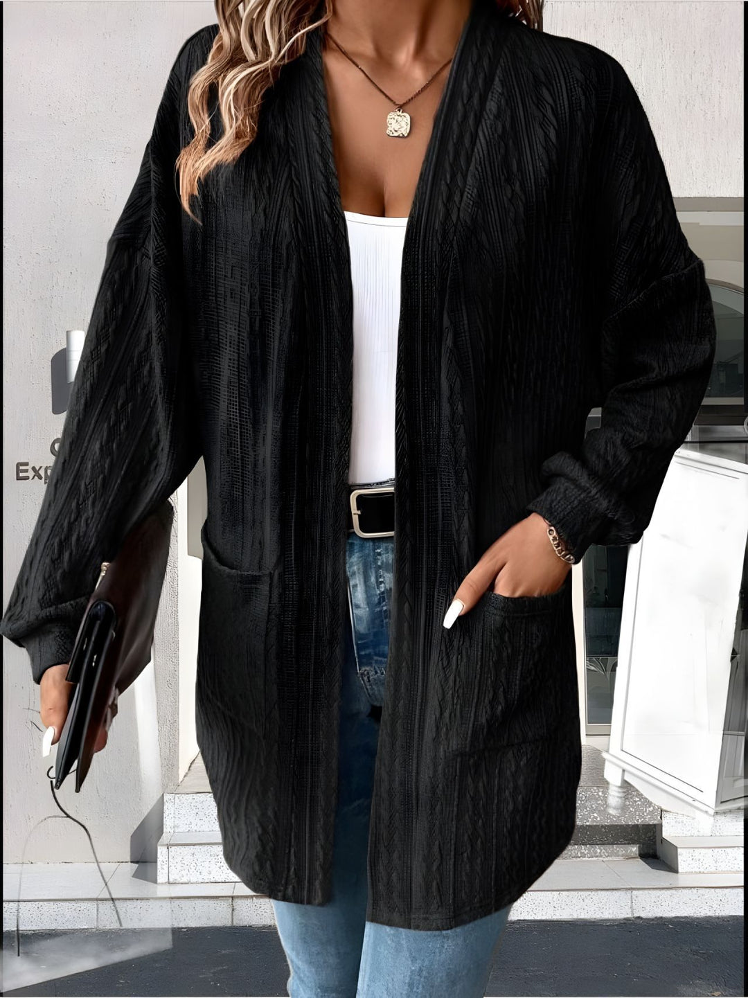 Damen lässige Strickjacke mit Taschen R&B
