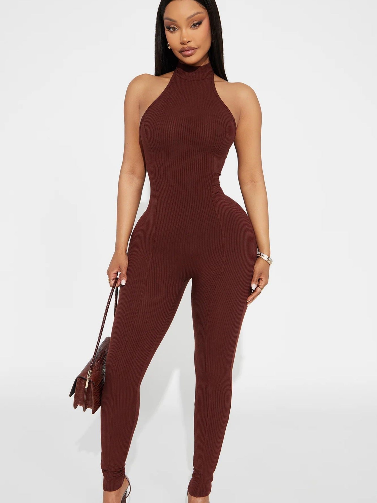 Damen figurbetonter Jumpsuit mit hohem Kragen und Rippstruktur R&B