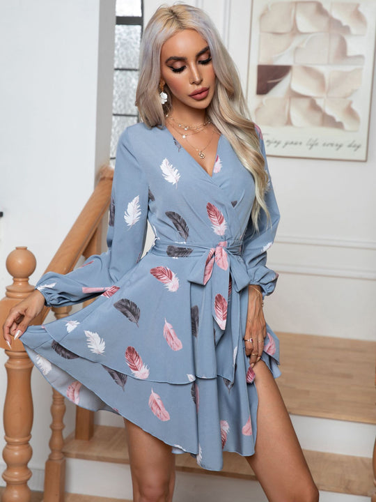 Damen Wickelkleid mit voluminösen Ärmeln und floralem Print R&B