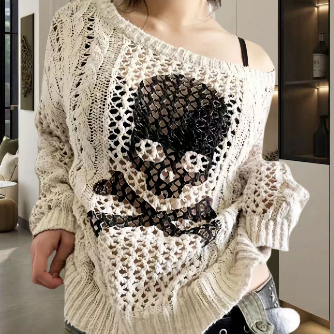 Damen Oversized Strickpullover mit kreativem Lochmuster und Anker-Design R&B