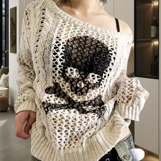 Damen Oversized Strickpullover mit kreativem Lochmuster und Anker-Design R&B