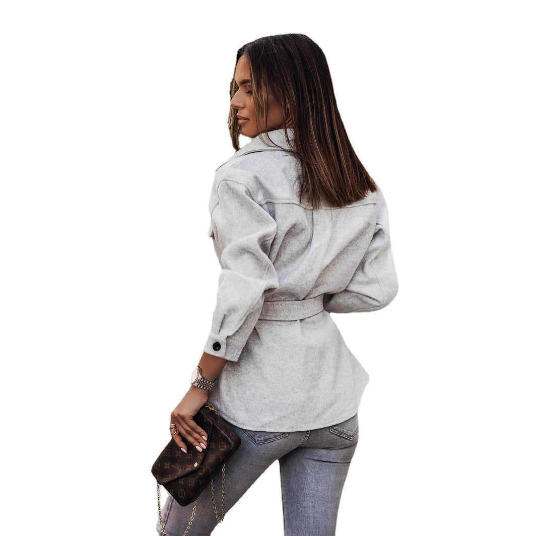 Damen modische Oversized-Jacke mit Gürtel und dekorativen Taschen R&B
