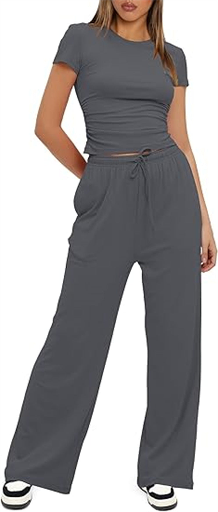 Damen lässiger Zweiteiler mit cropped Oberteil und weitem Beinkleid R&B