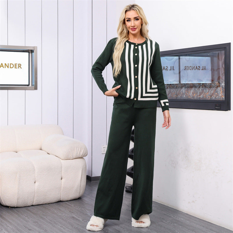 Damen elegantes Strick-Loungewear-Set mit grafischem Muster und Knopfdetaillierung R&B