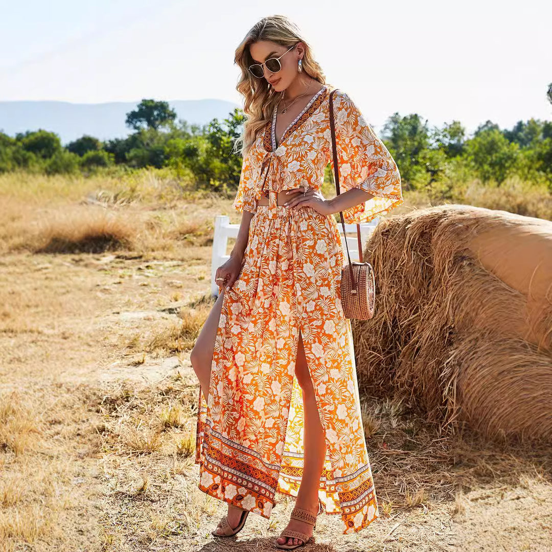 Damen Maxikleid mit floralem Boho-Design und tiefem V-Ausschnitt R&B