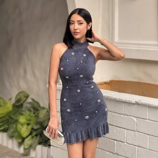 Damen elegantes Kleid mit Stehkragen und dekorativen Strass-Details R&B