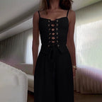 Damen Jumpsuit mit femininer Schnürung und weit geschnittenem Bein R&B