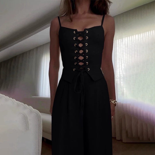 Damen Jumpsuit mit femininer Schnürung und weit geschnittenem Bein R&B