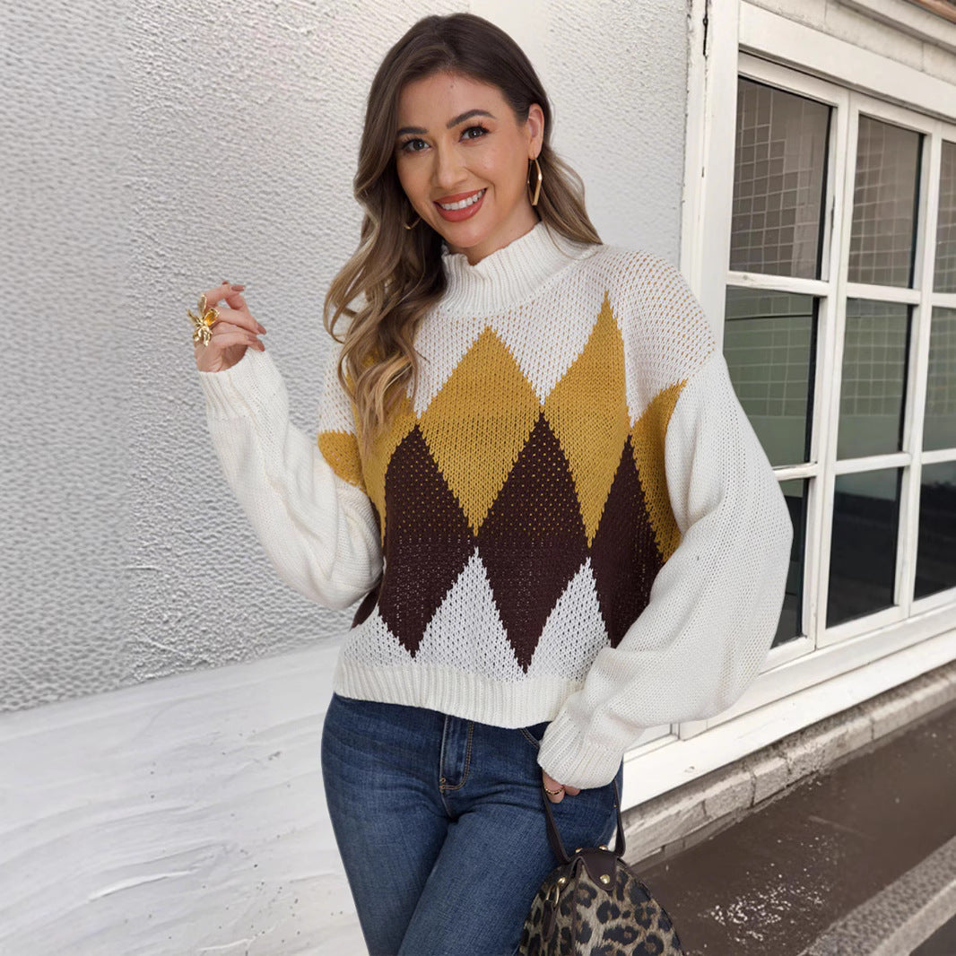 Damen modischer Strickpullover mit geometrischem Muster und hohem Kragen R&B