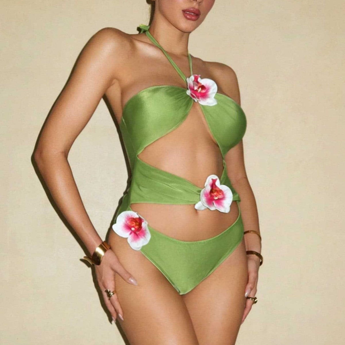 Damen Einteiliger Badeanzug mit floralen Akzenten und verspieltem Cut-Out R&B