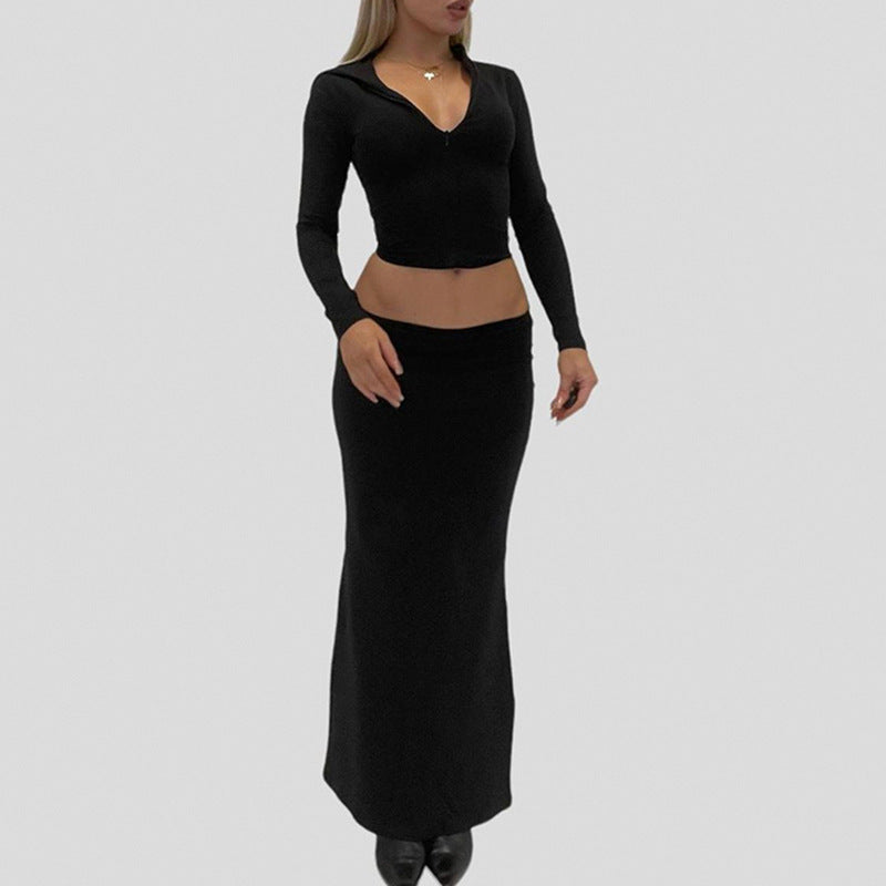 Damen Langarm Maxikleid mit elegantem Reißverschluss-Ausschnitt und figurbetontem Schnitt R&B