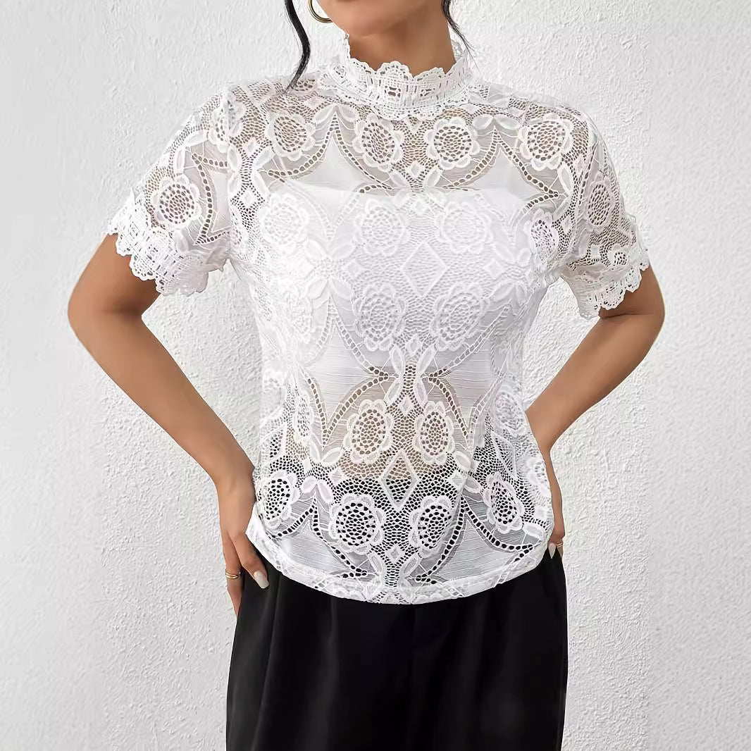 Damen nan semi-transparentes Spitzen-Top mit hohem Rüschenkragen und blickdichter Brustpartie R&B