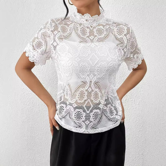 Damen Spitzentop mit Stehkragen und romantischen Details R&B