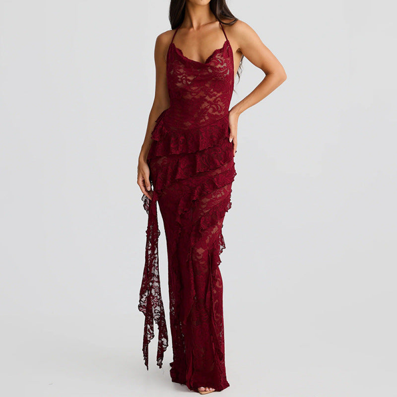 Damen verführerisches Spitzenkleid mit asymmetrischem Saum und Rüschendetails R&B