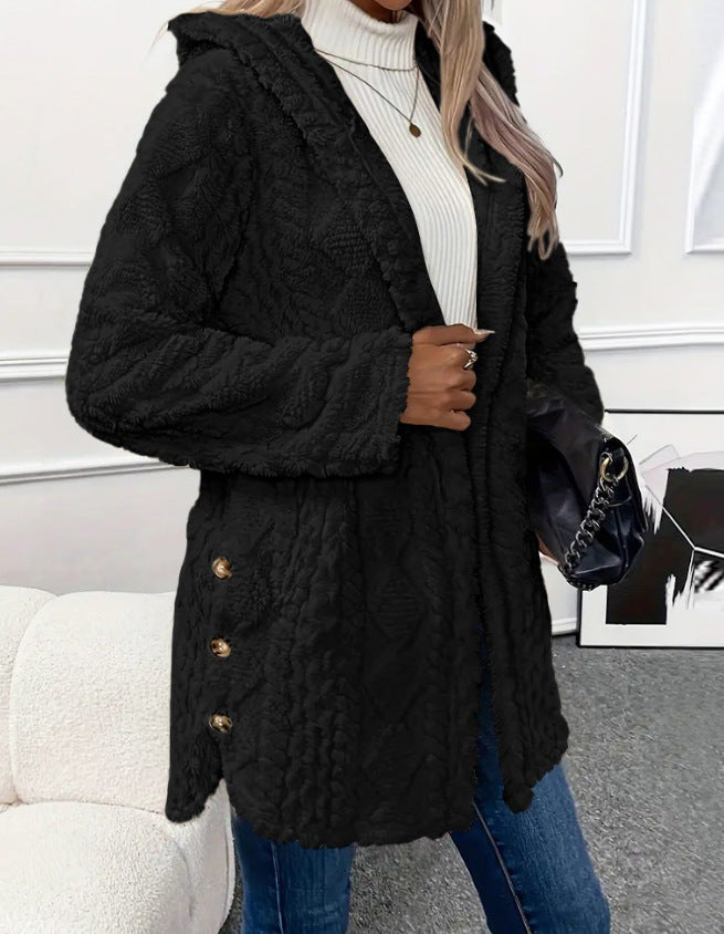 R&B | Strickjacke mit Kapuze Fleece Lockere Passform Knöpfe mittellang
