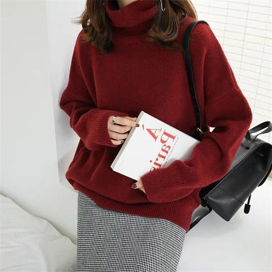 Damen Oversized Pullover mit hohem Kragen und Puffärmeln R&B
