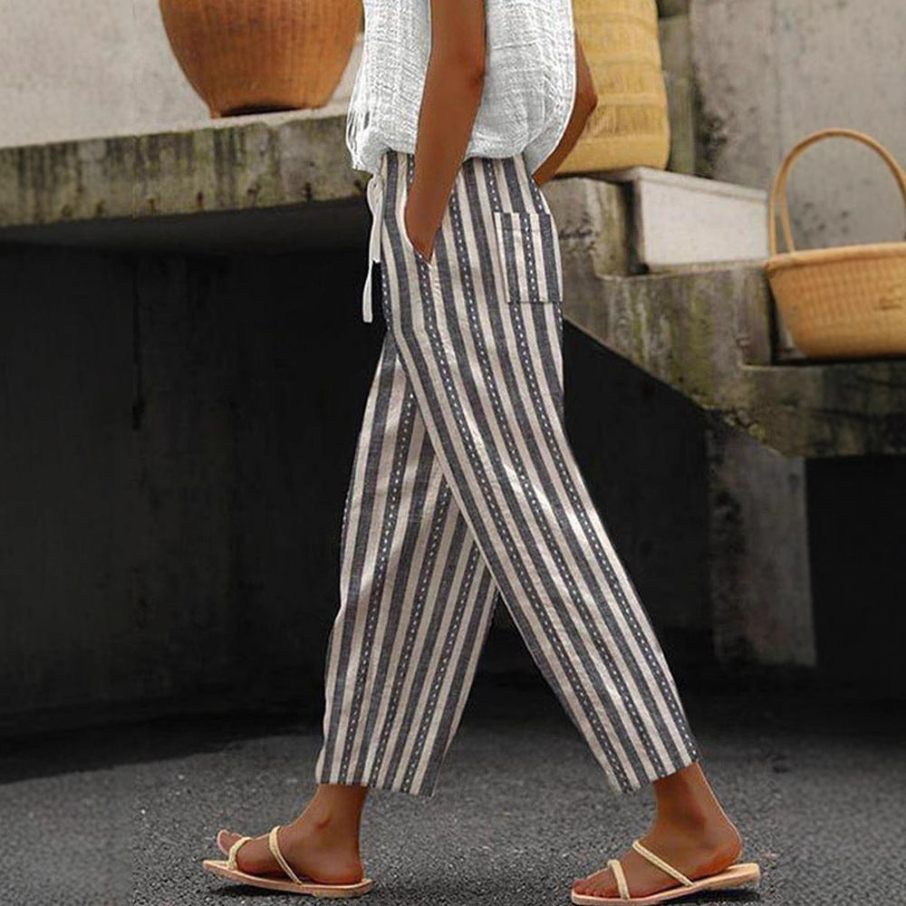 Damen Weite Leinenhose mit handgewtem Muster