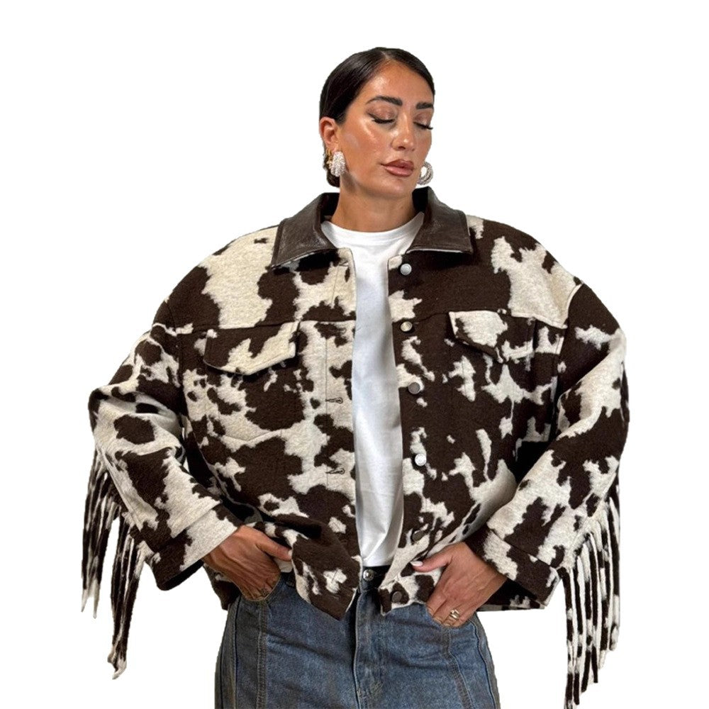 Damen Oversized Fransenjacke mit Kuhmuster R&B