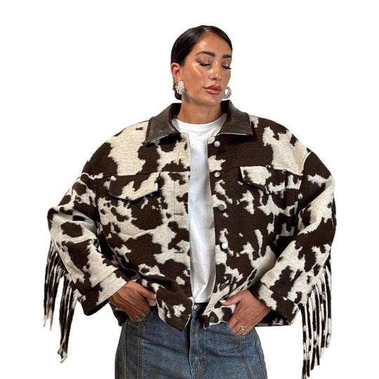 Damen Oversized Fransenjacke mit Kuhmuster R&B