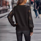 Damen Elegantes V-Ausschnitt Oberteil mit transparenter Spitze und voluminösen Ärmeln R&B