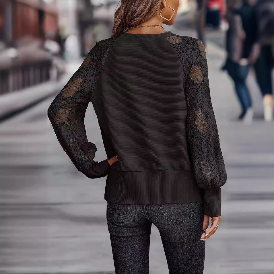 Damen Elegantes V-Ausschnitt Oberteil mit transparenter Spitze und voluminösen Ärmeln R&B
