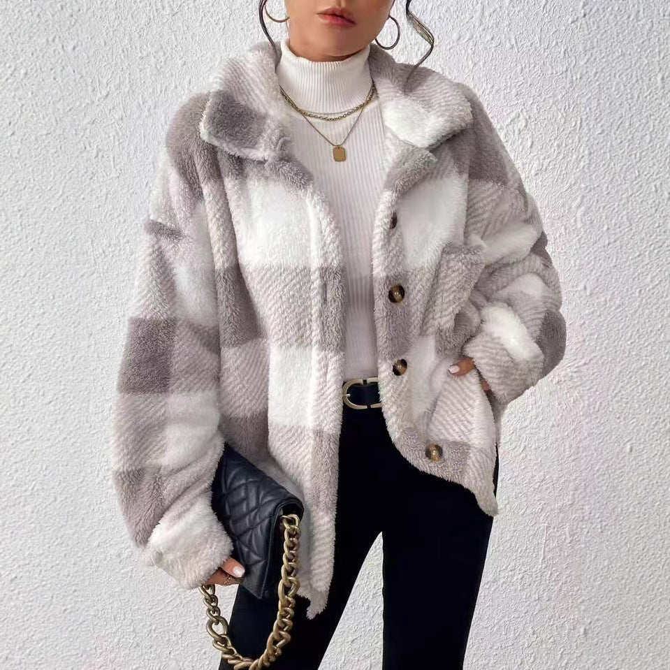 Damen Modische Plüschjacke im Karomuster R&B